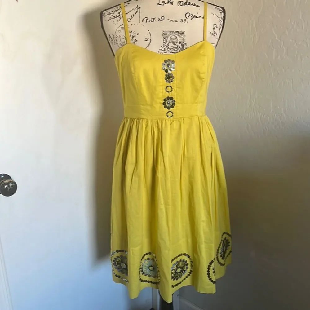 Anthropologie Girls From Savoy Yellow Embellished Dress Feminine Event Party